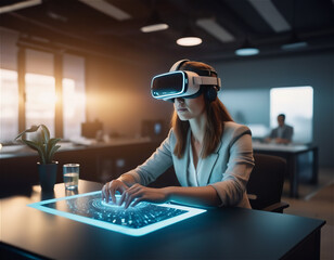 A woman wearing a VR headset at work. Futuristic work environment