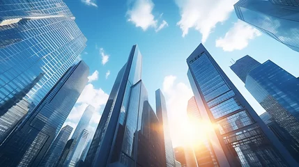 Foto op Plexiglas business and financial skyscraper buildings concept.Low angle view and lens flare of skyscrapers modern office building city in business center with blue sky. : Generative AI © Generative AI