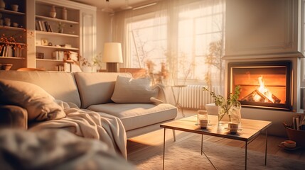 A spacious and bright living room with comfortable sofa, end table and fireplace gives a warm and comfortable feeling : Generative AI