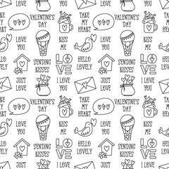 Valentines Day doodle style seamless pattern in black and white, hand-drawn love theme icons and quotes background. Romantic mood, cute symbols and elements collection.