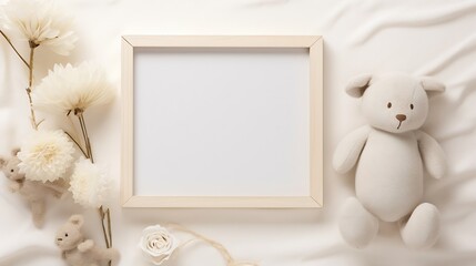 Blank square wooden frame mockup for nursery art or pregnancy announcement display, flat lay with baby toys and accessories. : Generative AI