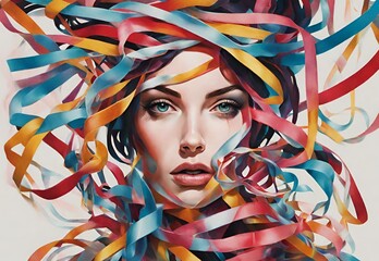 An otherworldly image showcasing a woman with cascading ribbons, blending reality and fantasy in a pop art-inspired, abstract composition