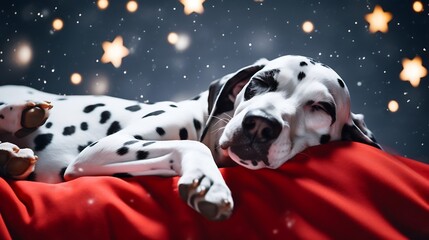 Dalmatian dog lying on her back with paws up wishing for a tummy rub. Dog in bed resting and...