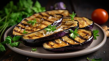 Delicious grilled eggplants on light wooden background : Generative AI