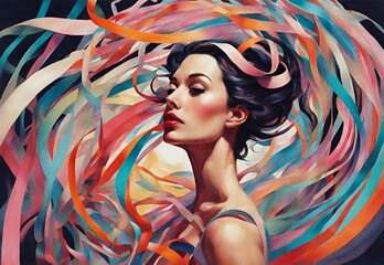 An otherworldly image showcasing a woman with cascading ribbons, blending reality and fantasy in a pop art-inspired, abstract composition