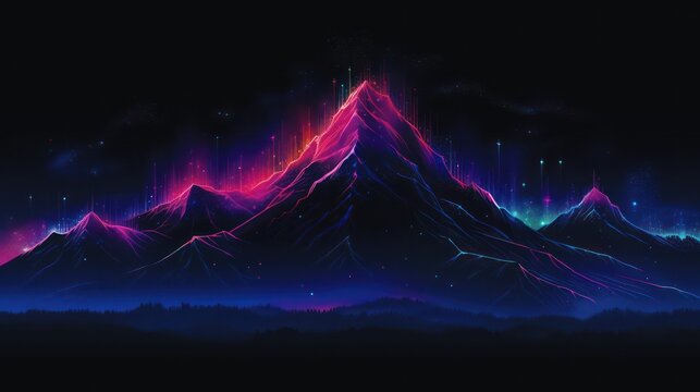 Futuristic mountain background. Glowing landscape technology wallpaper with binary lighting mountain