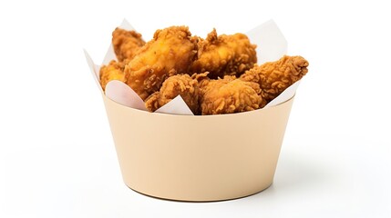 Fried chicken in paper bucket isolated on white background, Fried chicken on white : Generative AI