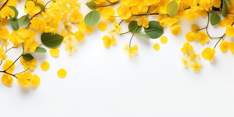 Flowers composition. Pattern made of yellow flowers and eucalyptus leaves on white background. Flat...