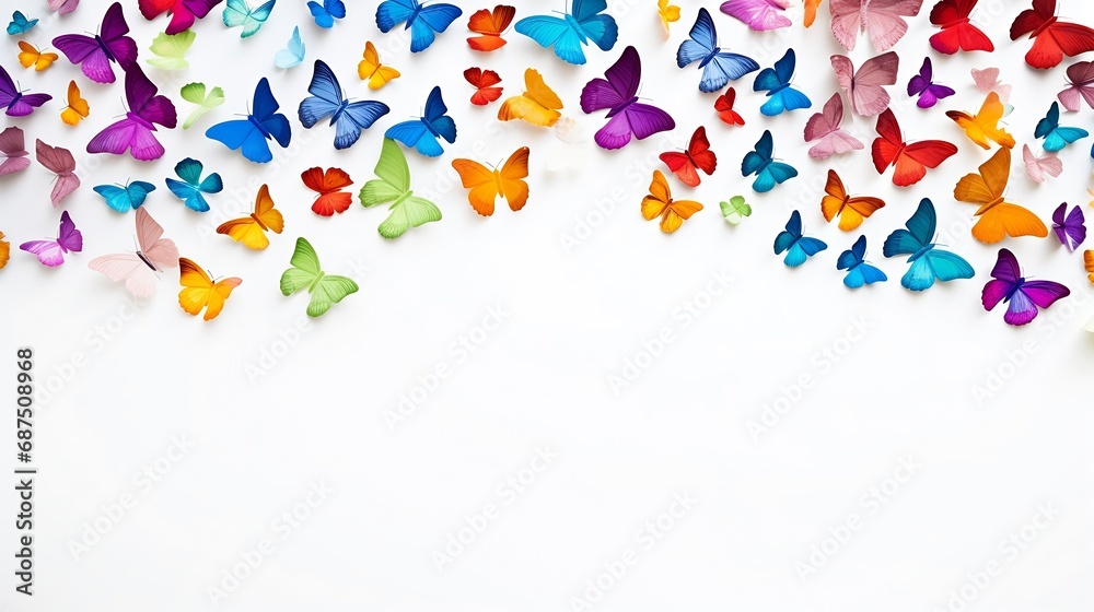 Poster photo of decorative butterflies pattern isolated on white background with copy space. fresh spring s