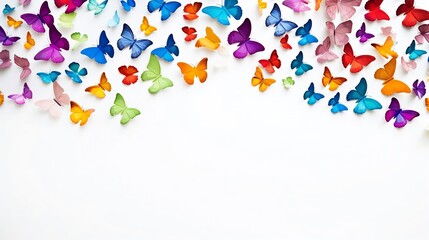 Photo of decorative butterflies pattern isolated on white background with copy space. Fresh spring summer beautiful season flat lay and top view, freedom vivid happiness concept banner : Generative AI