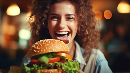 Vegan sandwich healthy vegetarian burger. Cute cheerful girl eating veggie hamburger with salad,...
