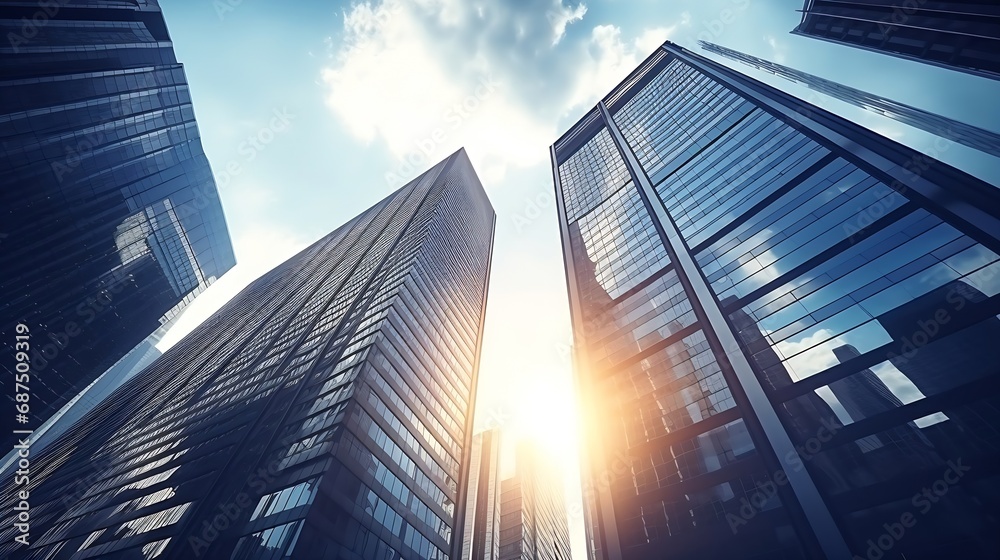 Aufkleber business and financial skyscraper buildings concept.low angle view and lens flare of skyscrapers mod