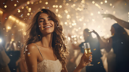 Beautiful young woman dancing with champagne glasses and friends at a party, People celebrating Christmas or New Year eve, generative ai