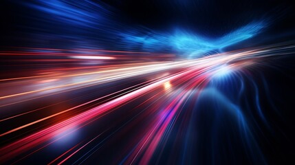 speed light line motion blur on dark background, data transfer simulation, blue to red lights : Generative AI - obrazy, fototapety, plakaty