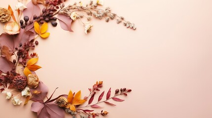 Autumn floral composition. Border made of fresh flowers on pastel beige background. Autumn, fall concept. Flat lay, top view, copy space : Generative AI