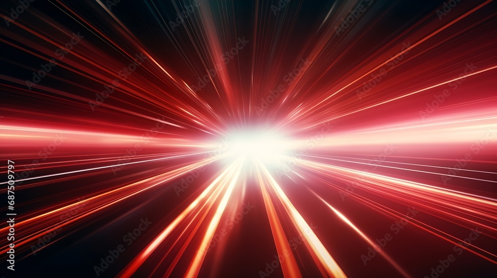 Fototapete abstract background with diffused tracks of bright red and white rays against dark blurred surface :