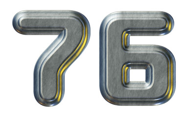 Number 76 with silver metallic style isolated on transparent background for education concept