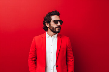 Obraz premium Homme avec lunettes de soleil portant une veste rouge sur fond rouge