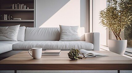 Modern interior of open space with design modular sofa, furniture, wooden coffee tables, plaid, pillows, tropical plants and elegant personal accessories in stylish home decor. Neutral : Generative AI