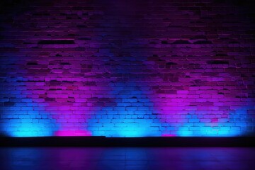 Artistic neon illumination on unrefined brick wall backdrop - obrazy, fototapety, plakaty