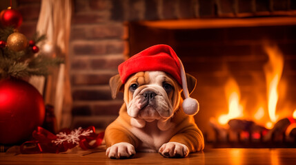 Cute little bulldog wearing a Santa Claus hat. The dog is ready for Christmas. Bulldog on the background of the fireplace