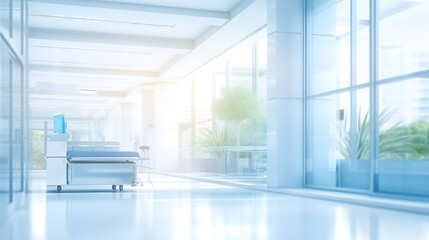 Abstract blurred modern workspace background, white indoor interior office or hospital with window and the light with copy space. Blurry backgrounds for advertising and business presen : Generative AI