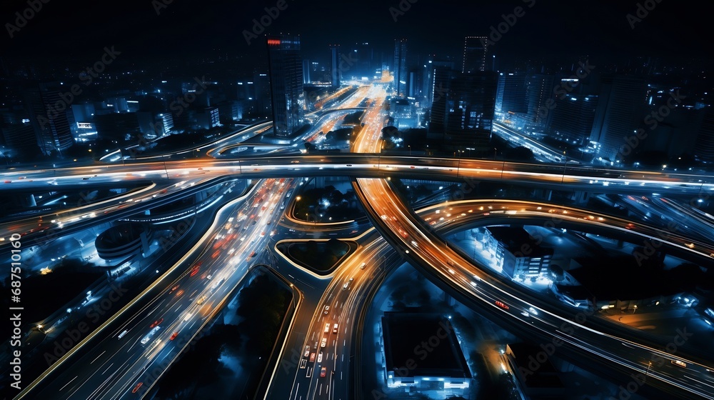 Poster aerial angle rush hour traffic fast moving hyper lapse at night overhead of busy intersection traffi