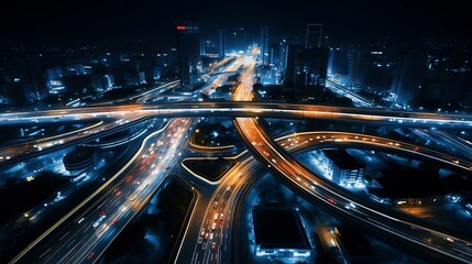 Aerial angle Rush hour traffic fast moving hyper lapse at night overhead of busy intersection traffic at night moving fast light road lane effect line light cg : Generative AI