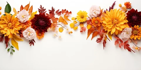 Fotobehang Autumn floral composition. Frame made of fresh flowers on white background. Autumn, fall concept. Flat lay, top view, copy space : Generative AI © Generative AI