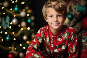 Child in Christmas Pajamas with Gifts, Festive Tree Background