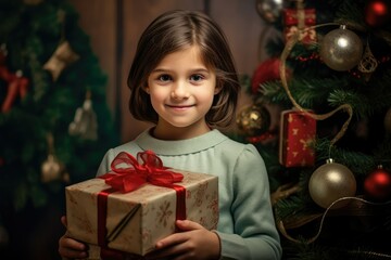 Child's Christmas Joy, Holding Gifts with Tree in Backdrop