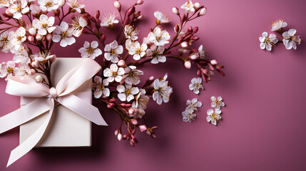 Paquet cadeau et fleurs blanches sur fond rose vu de dessus