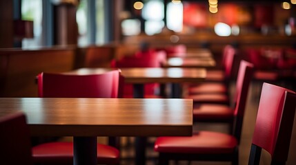 Empty fastfood restaurant interior with red chairs and table in a row : Generative AI - obrazy, fototapety, plakaty