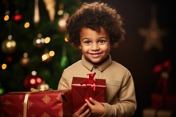 Happy Child Holding Gifts, Decorated Christmas Tree Behind