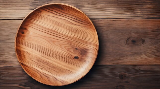 Empty wooden plate on wood table. Soft blurry background, of free space for your copy and branding. Use as products display montage. Vintage style concept. : Generative AI