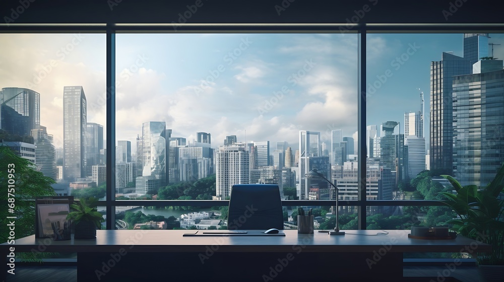 Poster Modern office with open space to work thought the window and background city. : Generative AI