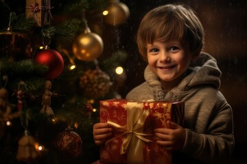 Fototapeta na wymiar Joyous Child with Christmas Presents, Tree Glowing in Corner