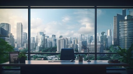Fototapeta na wymiar Modern office with open space to work thought the window and background city. : Generative AI