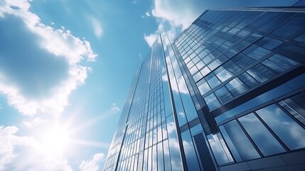 Perspective and underside angle view to textured background of modern glass building skyscrapers over blue cloudy sky : Generative AI