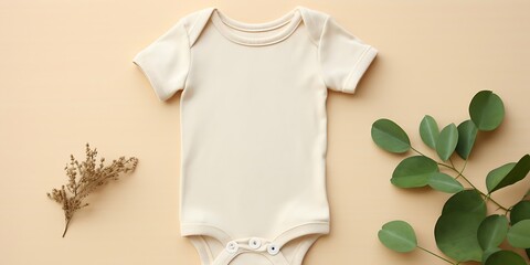 Organic cotton bodysuit, romper on beige background. Baby clothes. Fashion newborn clothes. Flat lay, top view. Copy space. Banner. : Generative AI