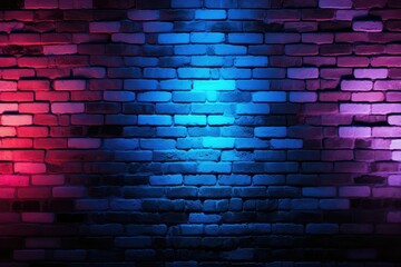 Neon lights illuminating rough brick wall texture