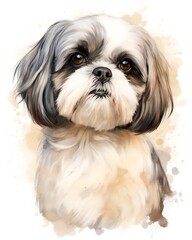 Naklejka na ściany i meble SHIH TZU watercolor portrait painting illustrated dog puppy isolated on transparent white background : Generative AI