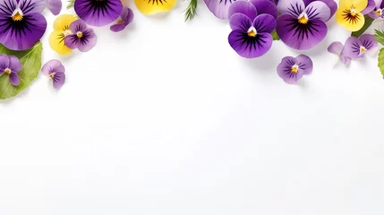 Rolgordijnen Viola pansy flower set. Violet spring flowers and leaves collection isolated on white background. Creative layout. Floral design element. Springtime and easter concept. Top view, flat  : Generative AI © Generative AI