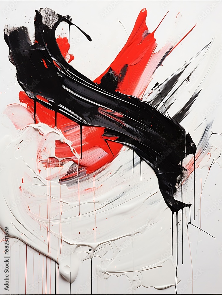 Poster expressive brushstrokes abstract in black and red, paint dripping on white paper : Generative AI
