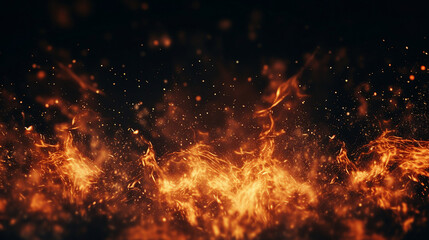 Fototapeta na wymiar Dynamic Fire Embers: Abstract Blaze of Fiery Particles over Black Background - Vibrant Heatwave Illuminating the Dark with Intense Flames and Glowing Sparks.