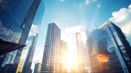 business and financial skyscraper buildings concept.Low angle view and lens flare of skyscrapers modern office building city in business center with blue sky. : Generative AI