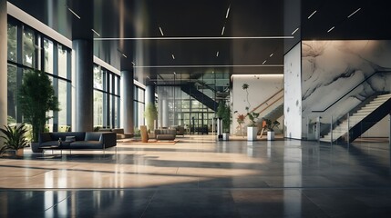 interior of modern entrance hall in modern office building : Generative AI - obrazy, fototapety, plakaty