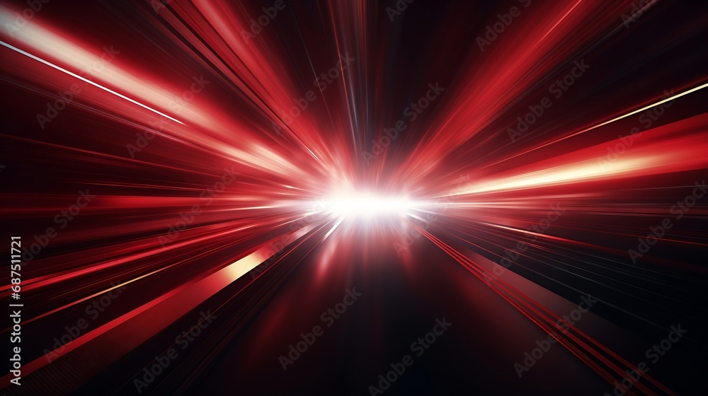 Fototapete abstract background with diffused tracks of bright red and white rays against dark blurred surface :