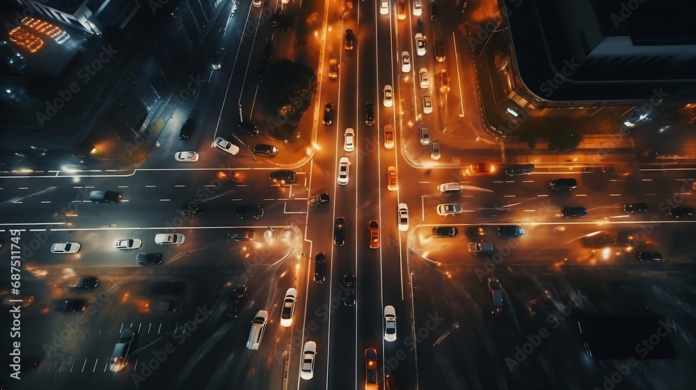 Poster aerial angle rush hour traffic fast moving hyper lapse at night overhead of busy intersection traffi