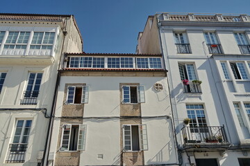Old houses on 'R&uacute;a das Carretas' street, in the city of Santiago de Compostela Santiado de Compostela, Galicia, Spain 10092023